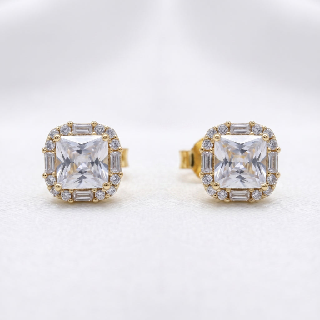 Gold Princess Baguette Halo Stud Earrings