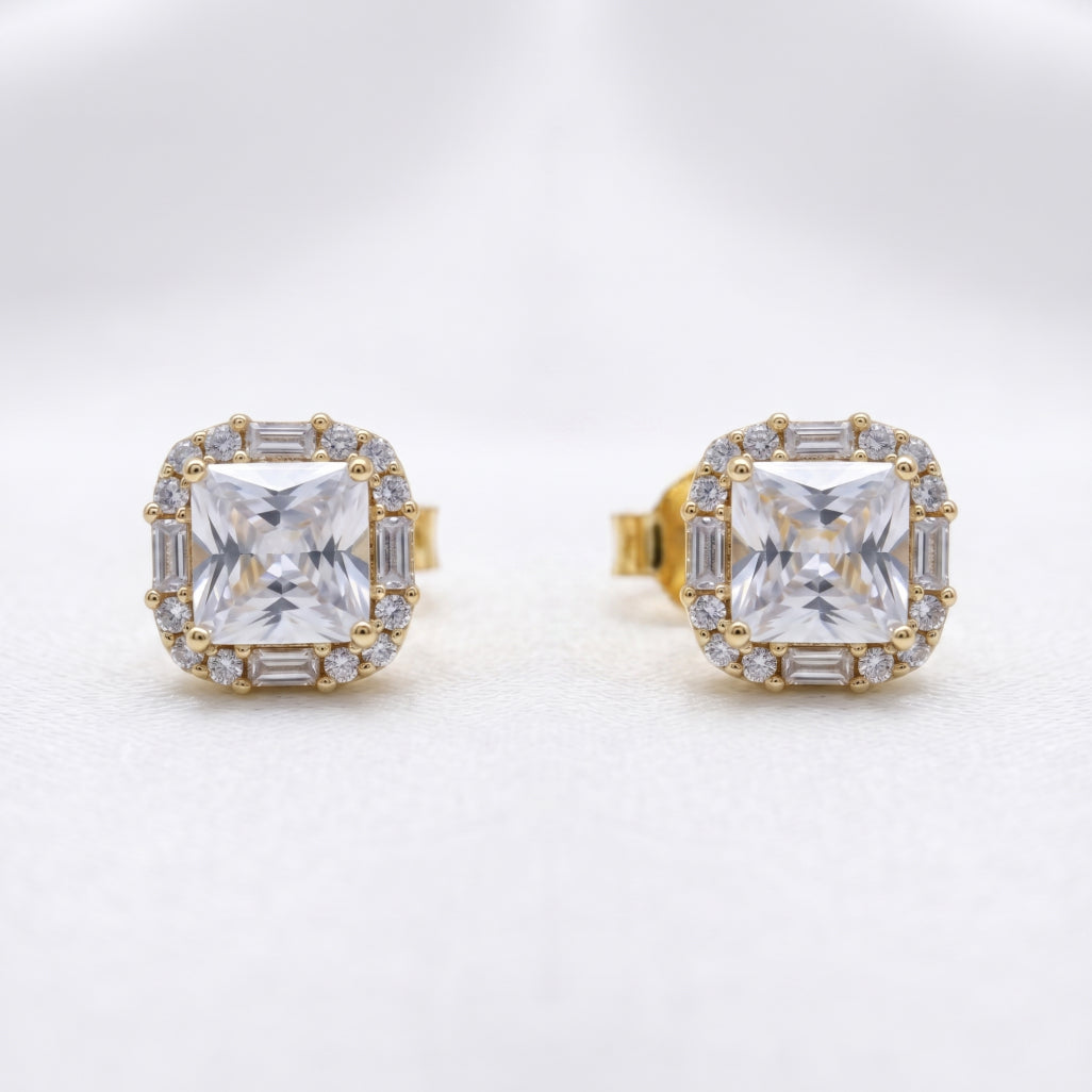 Gold Princess Baguette Halo Stud Earrings