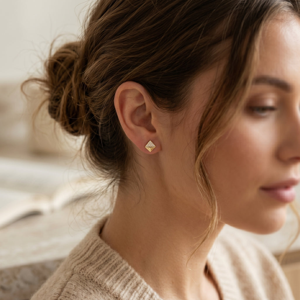 Gold Pyramid Pave Stud Earrings