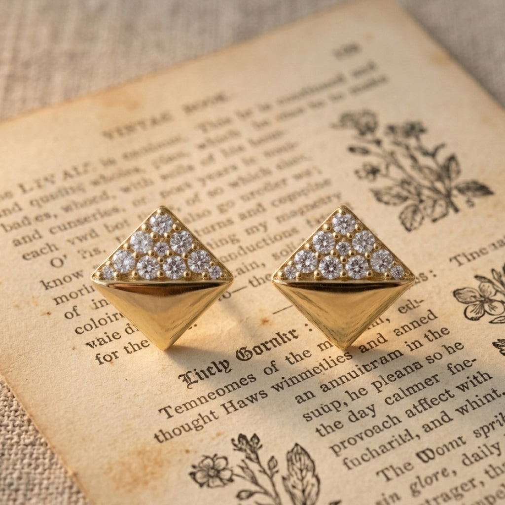 Gold Pyramid Pave Stud Earrings