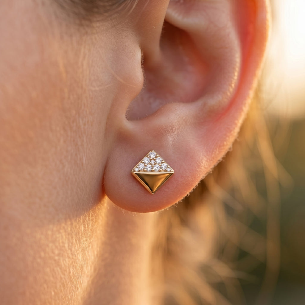 Gold Pyramid Pave Stud Earrings