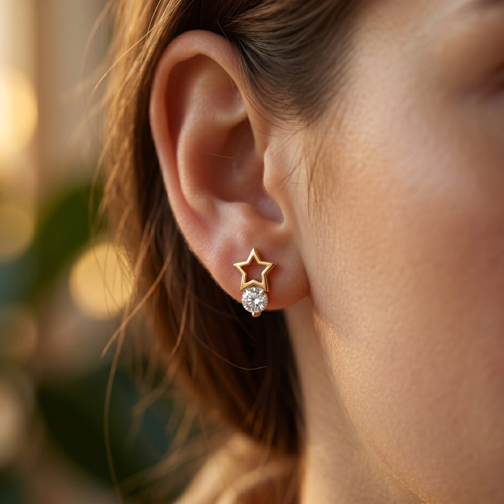 Gold Open Star Solitaire Stud Earrings