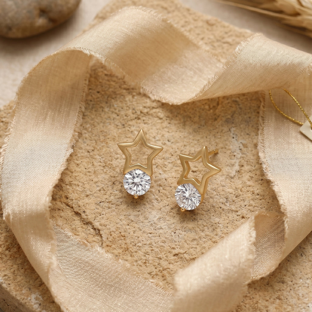 Gold Open Star Solitaire Stud Earrings