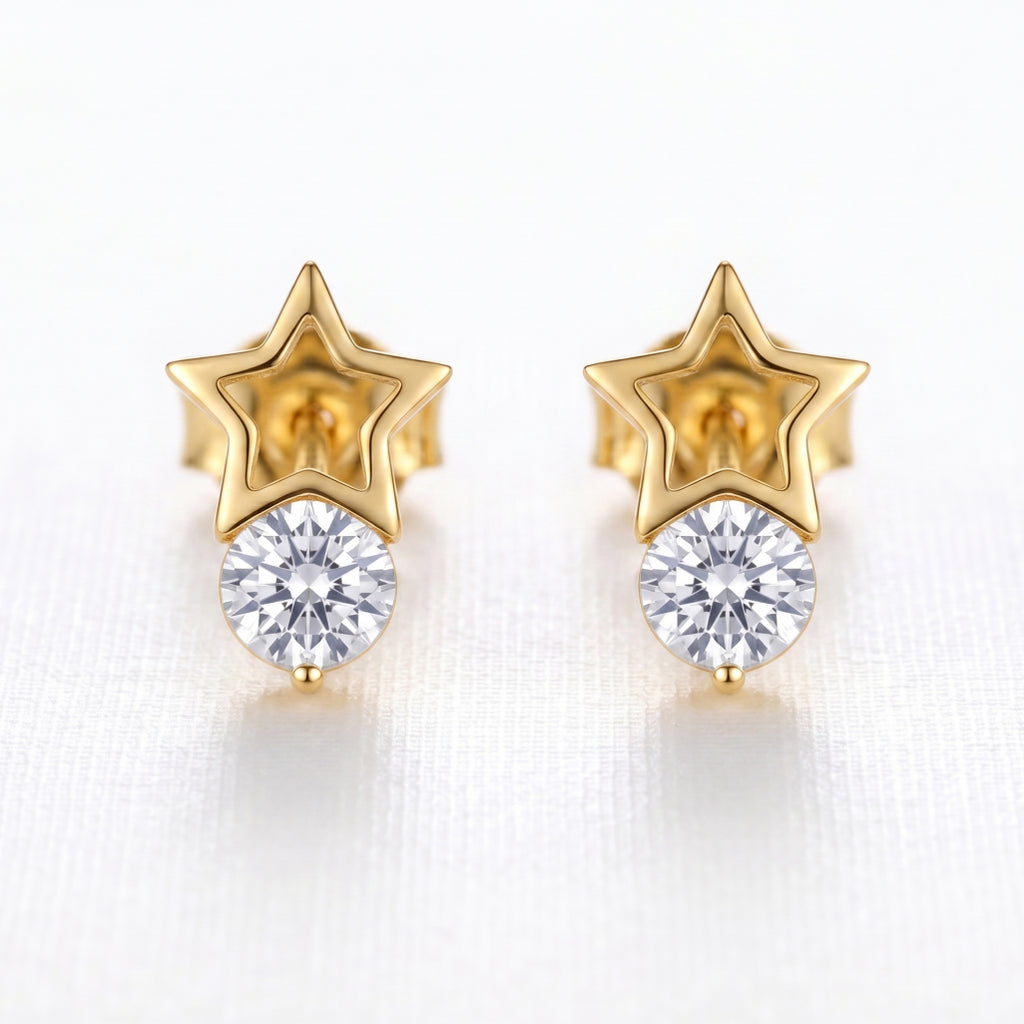 Gold Open Star Solitaire Stud Earrings