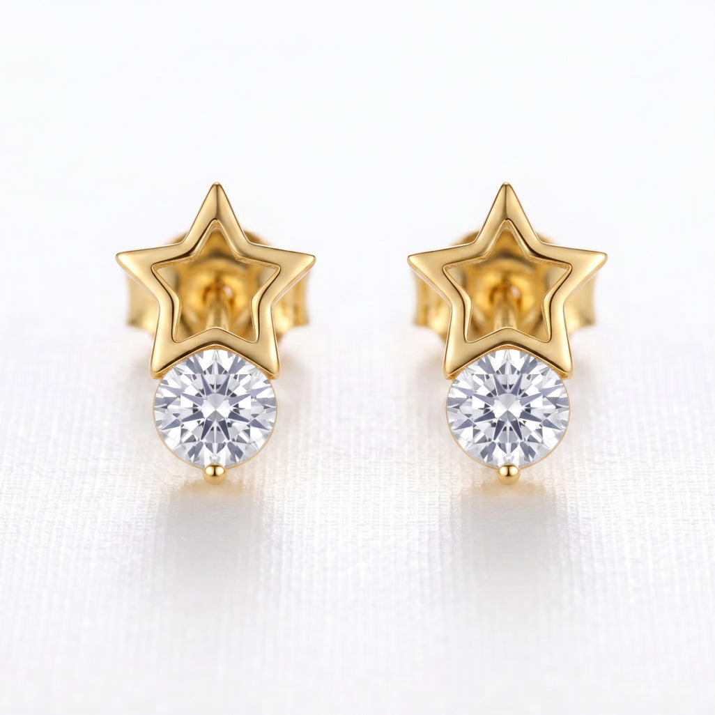 Gold Open Star Solitaire Stud Earrings