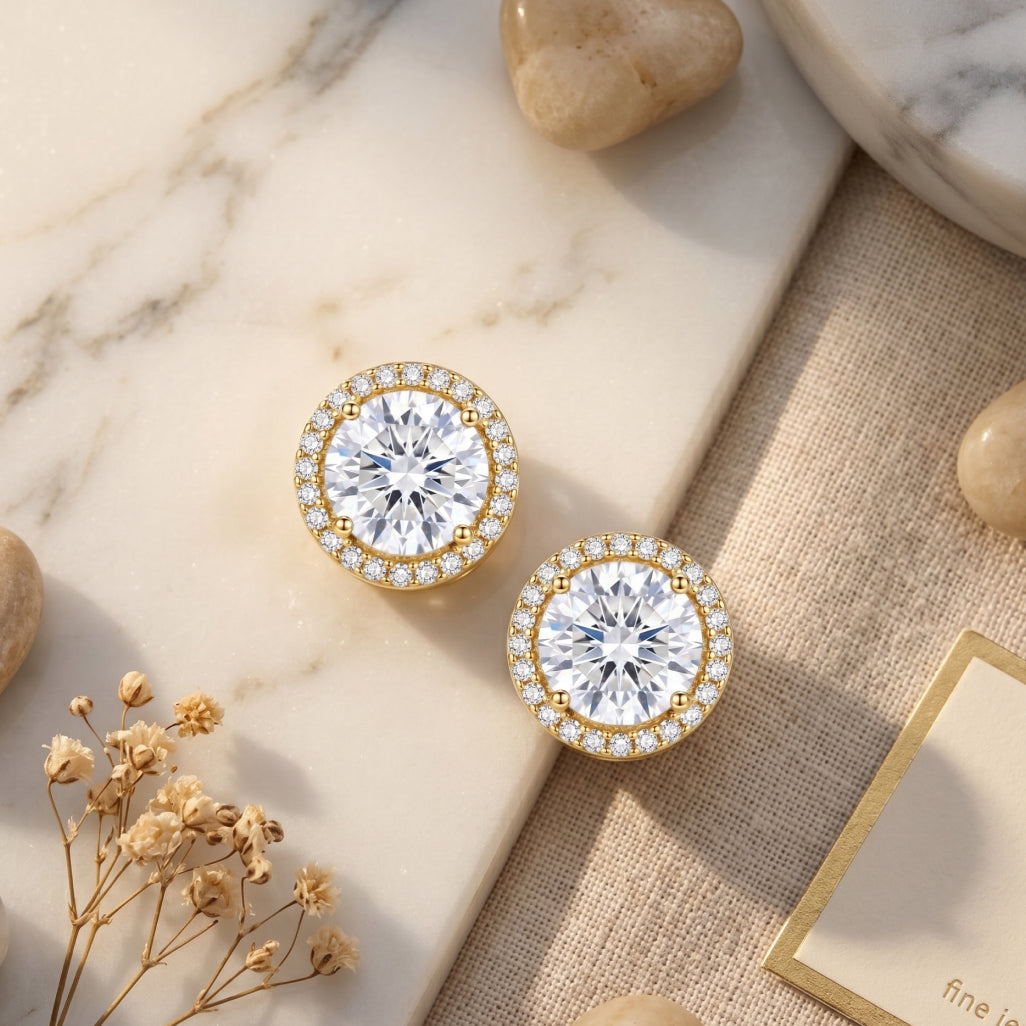 Gold Halo Round Solitaire Stud Earrings