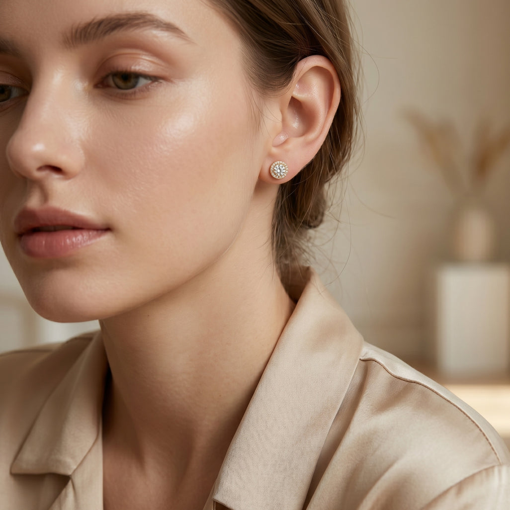 Gold Halo Round Solitaire Stud Earrings