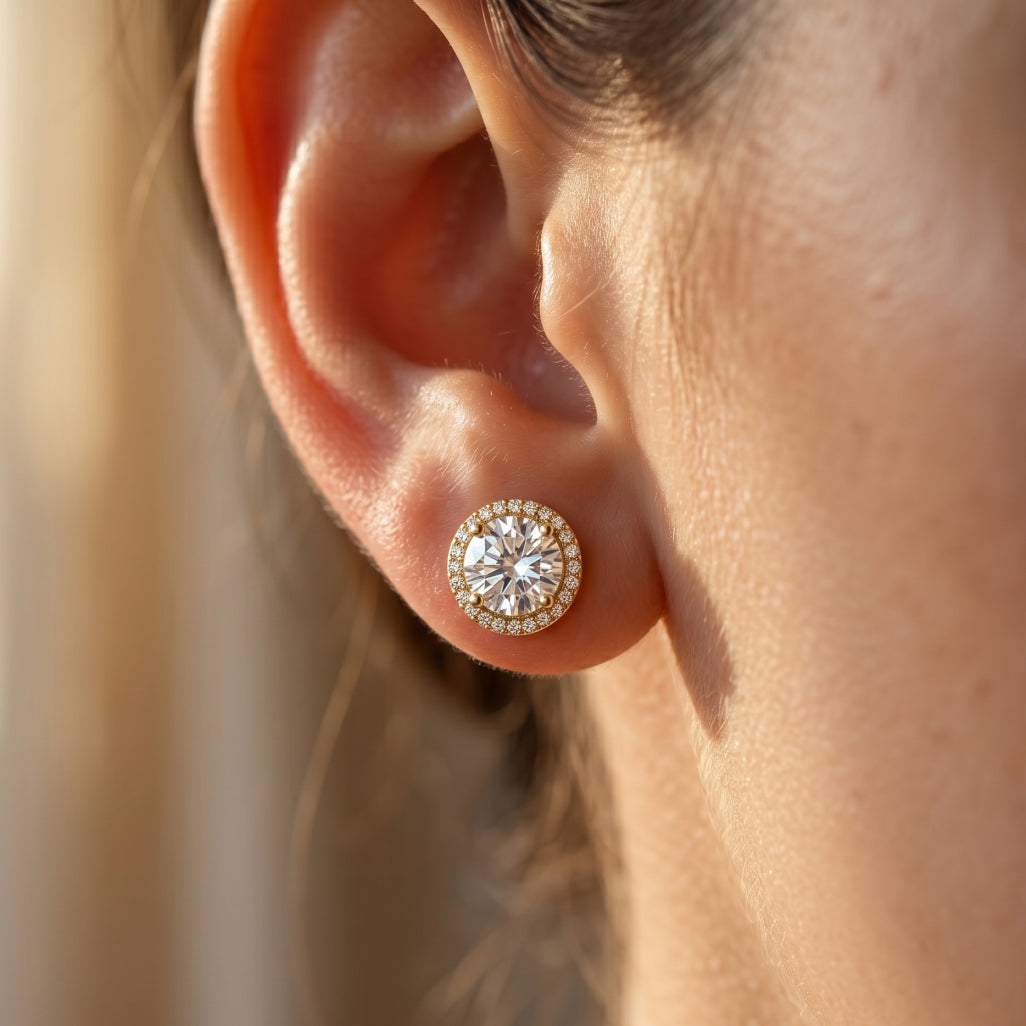 Gold Halo Round Solitaire Stud Earrings
