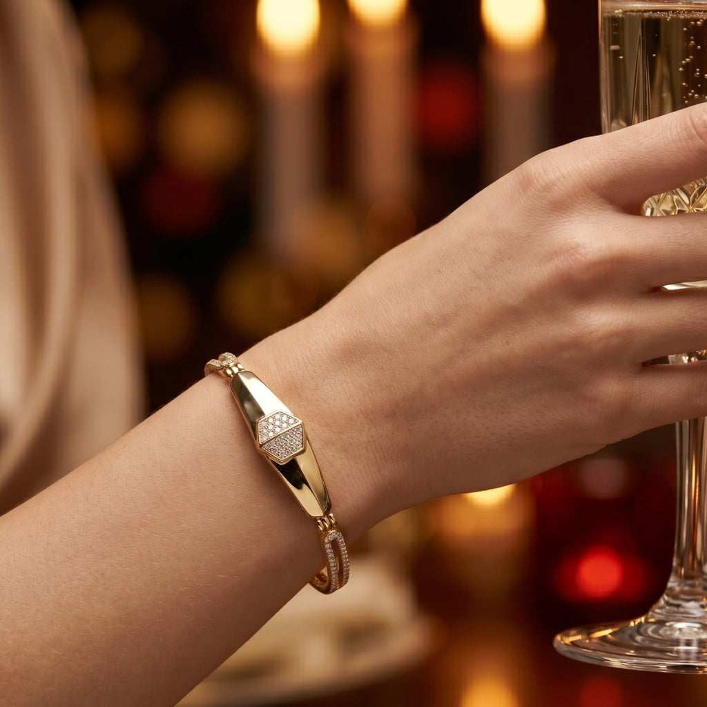 Hexagon Pave ID Bangle Bracelet