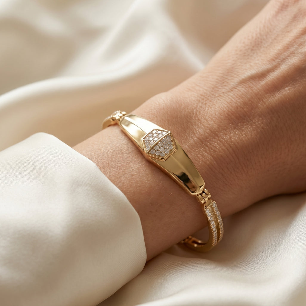 Hexagon Pave ID Bangle Bracelet