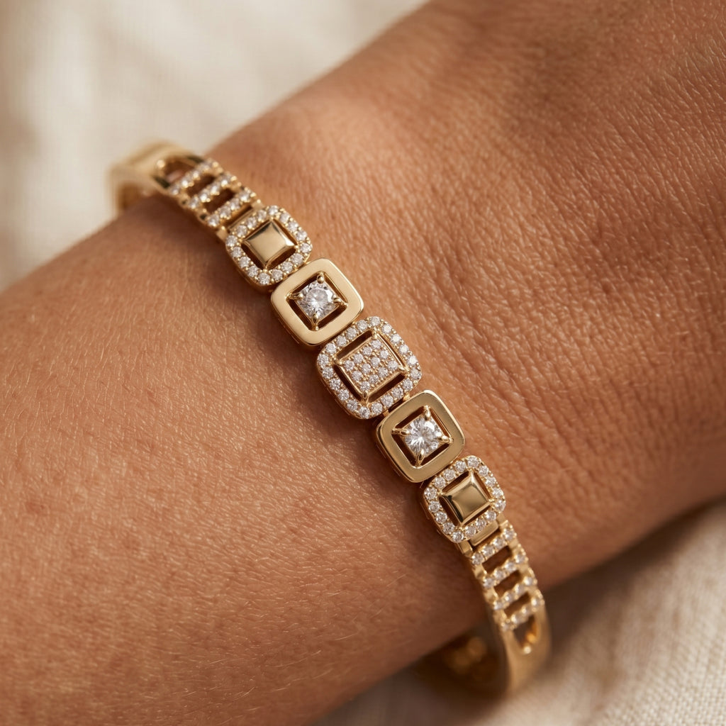 Princess Square Alternating Pave Bangle Bracelet