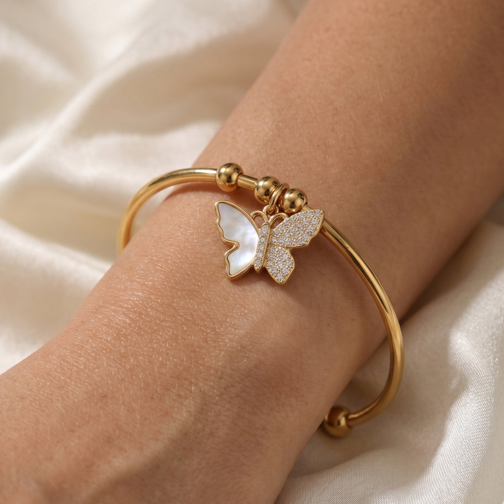 MOP Pave Butterfly Charm Cuff Bracelet