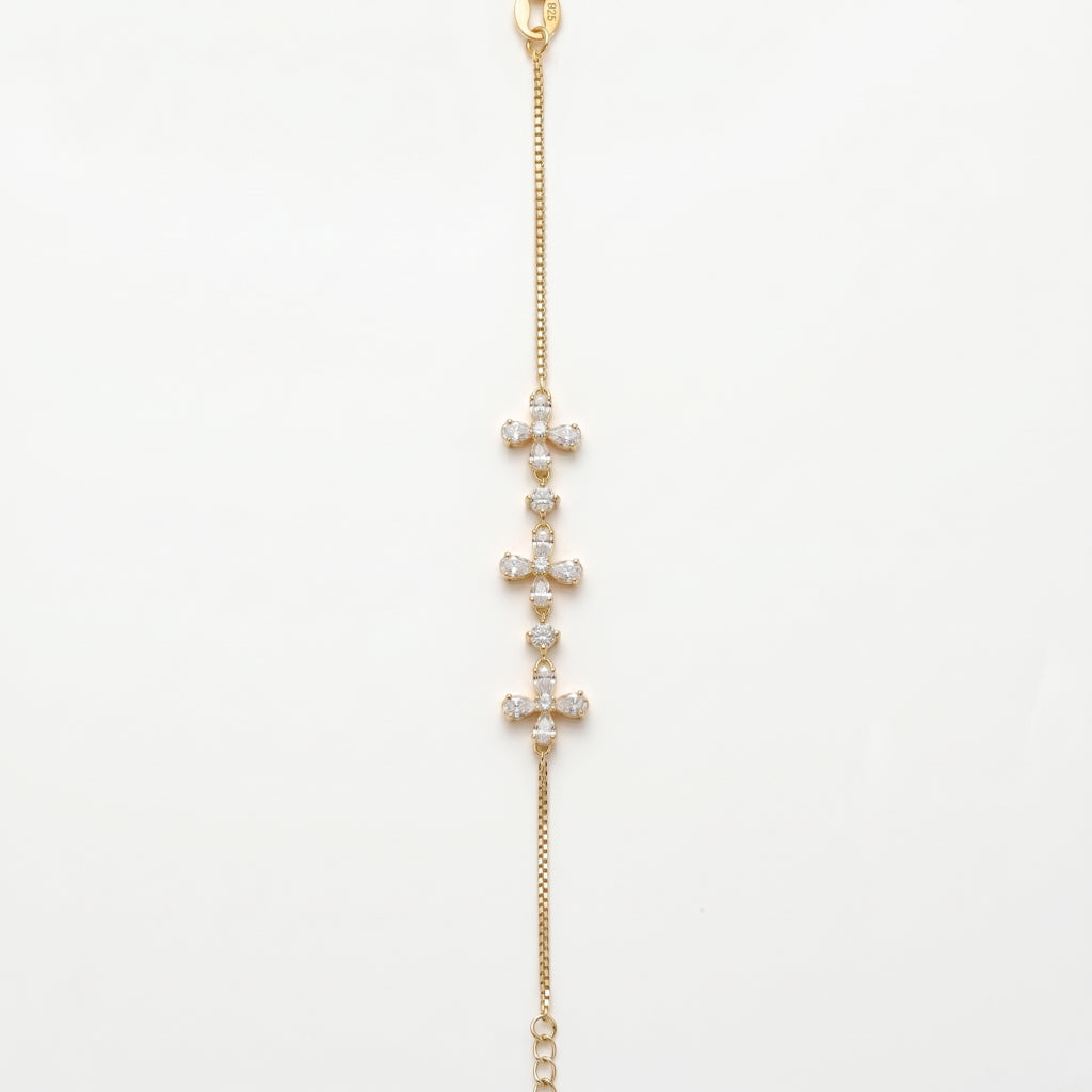 Four Flower Pear CZ Station Box Chain Bracelet