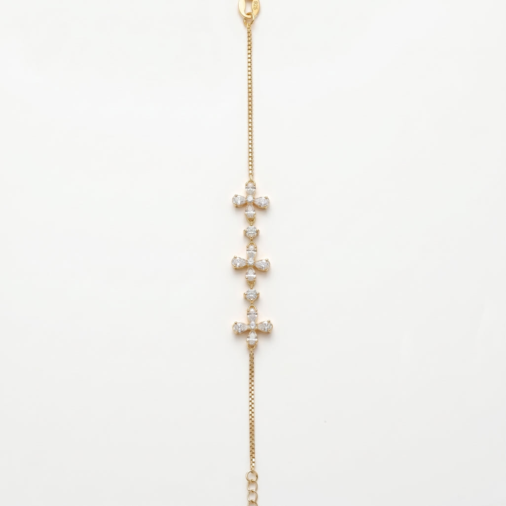Four Flower Pear CZ Station Box Chain Bracelet