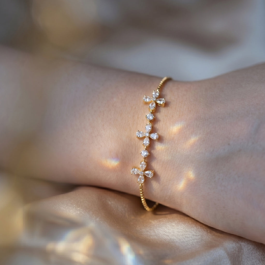 Four Flower Pear CZ Station Box Chain Bracelet