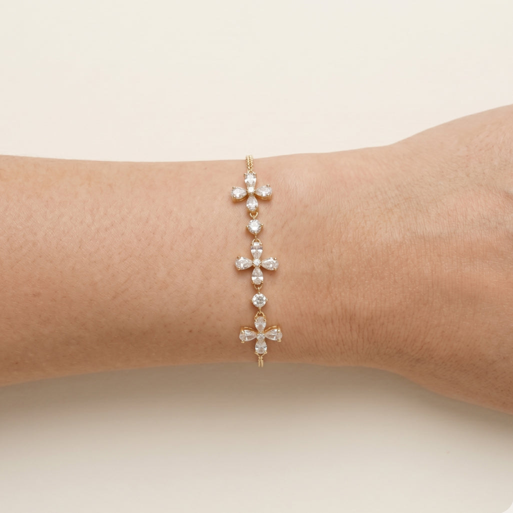 Four Flower Pear CZ Station Box Chain Bracelet