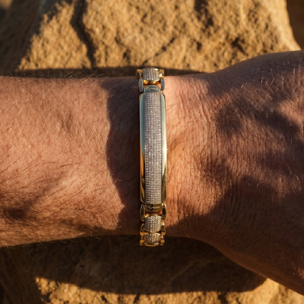 Gold Centre Pave ID Block Link Bracelet â€” 18K Gold Vermeil