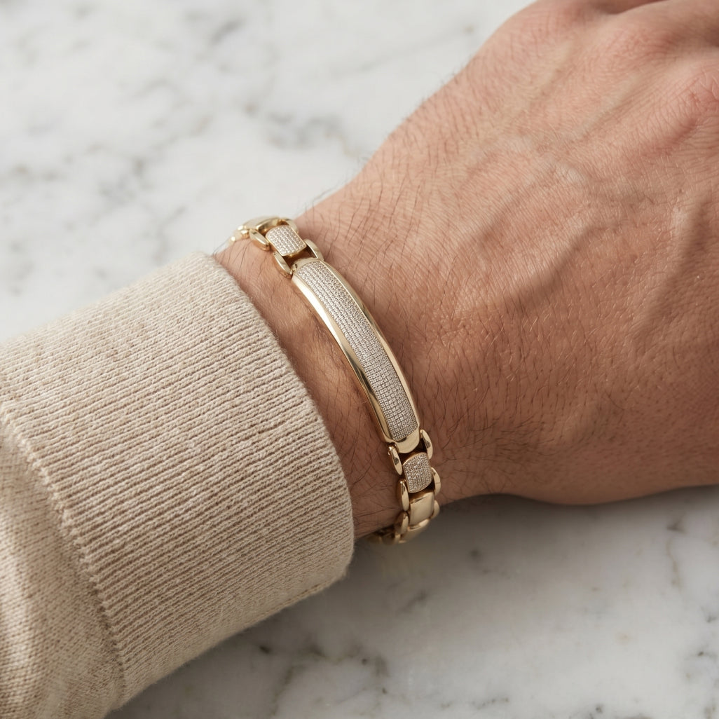 Gold Centre Pave ID Block Link Bracelet â€” 18K Gold Vermeil