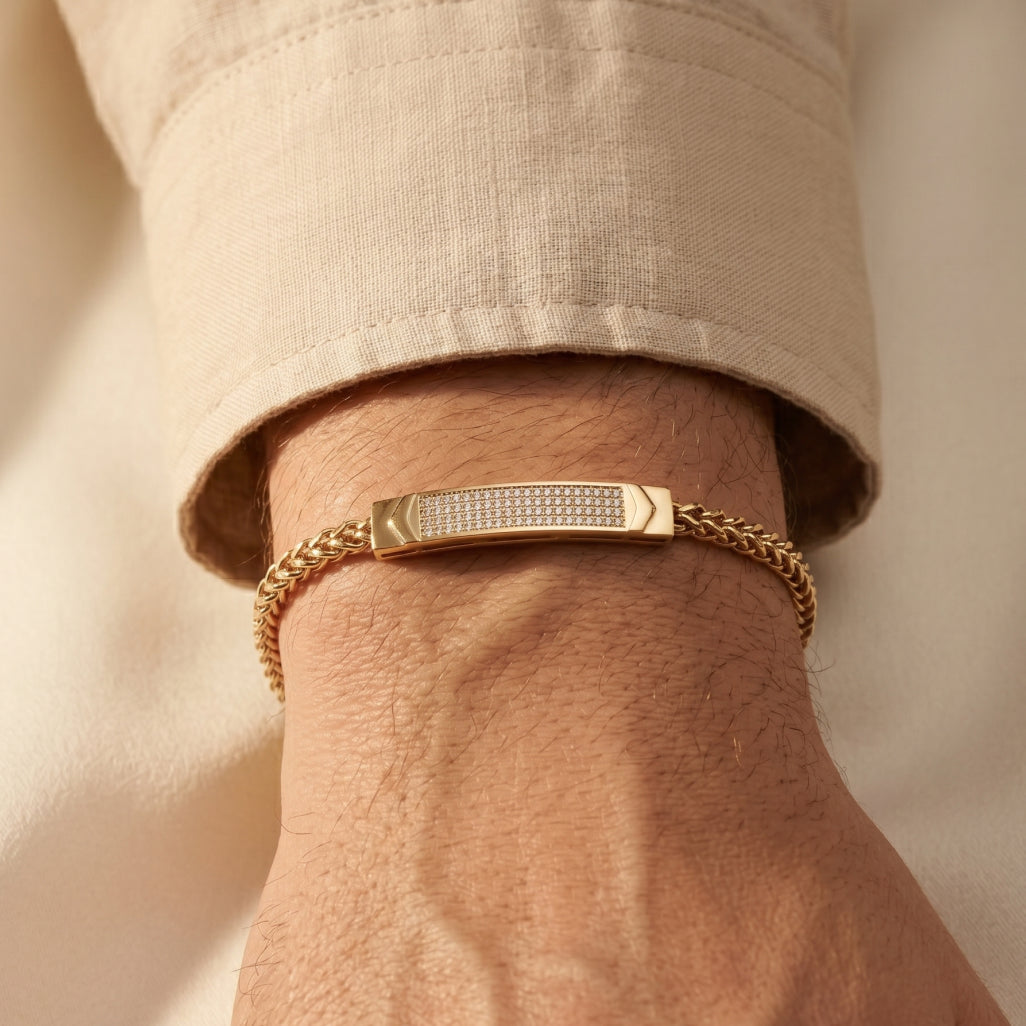 Gold Franco Chain Pave ID Plaque Bracelet â€” 18K Gold Vermeil
