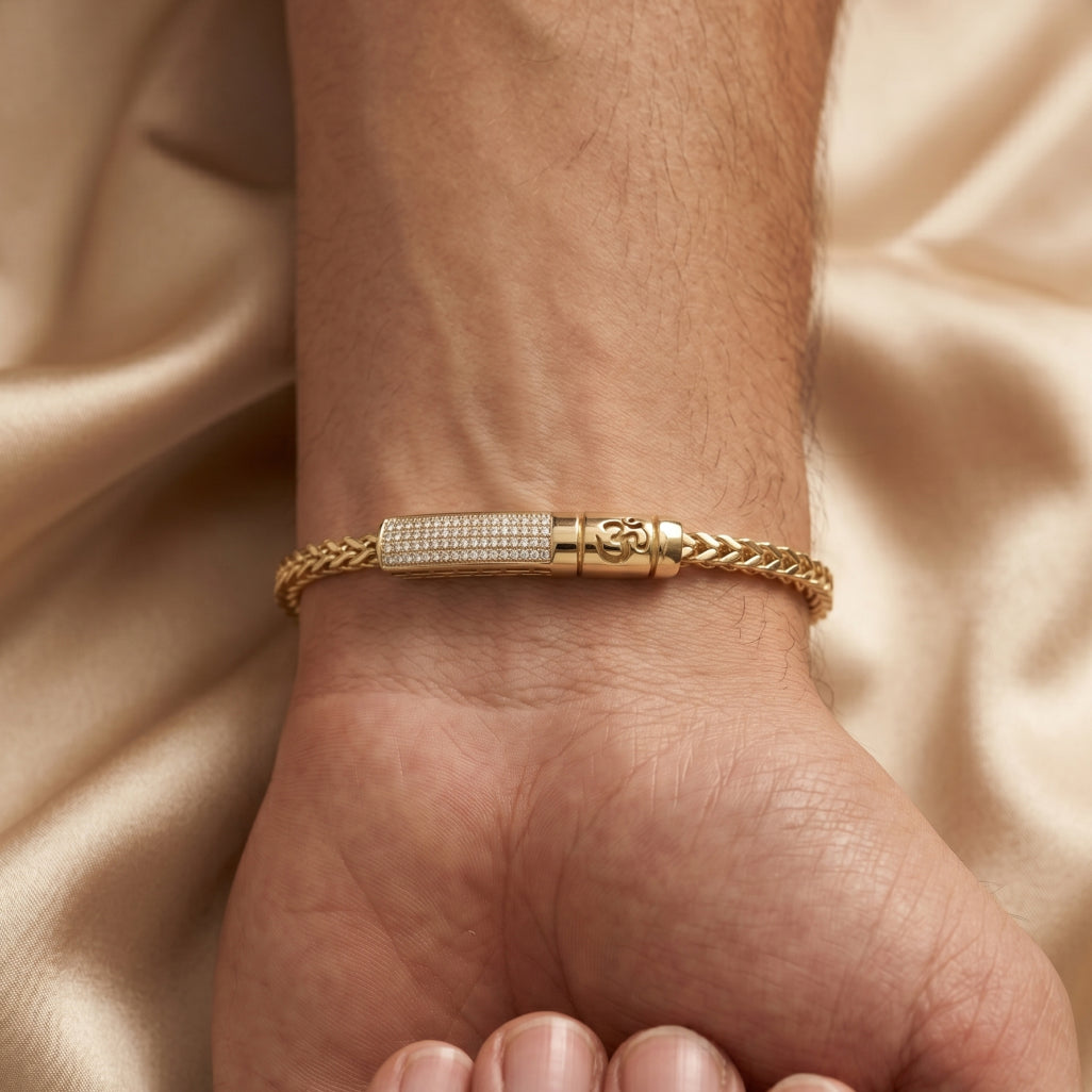 Gold OM Pave Charm Franco Bracelet â€” 18K Gold Vermeil