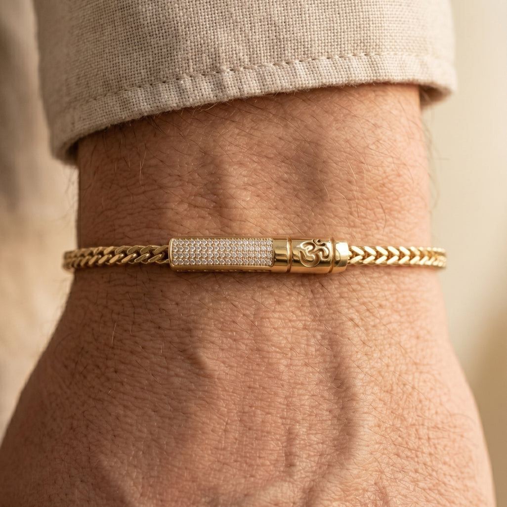 Gold OM Pave Charm Franco Bracelet â€” 18K Gold Vermeil