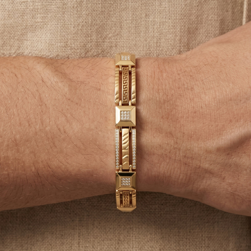 Gold Greek Key Cable Pave Link Bracelet â€” 18K Gold Vermeil