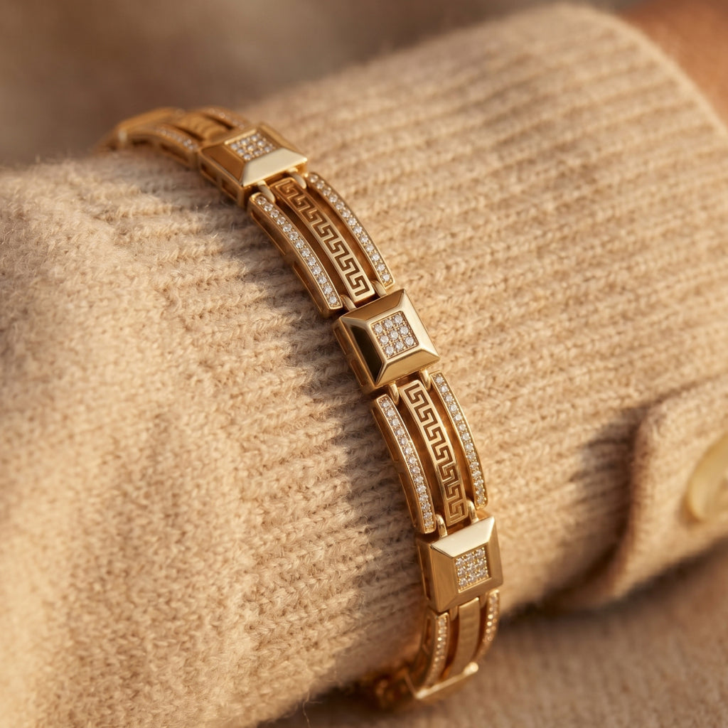 Gold Greek Key Cable Pave Link Bracelet â€” 18K Gold Vermeil