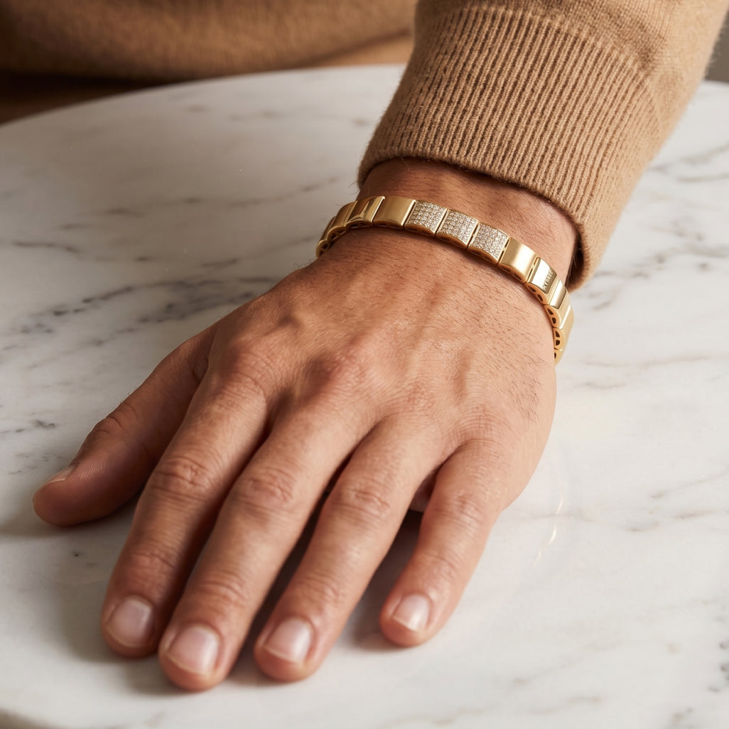 Gold Sunburst Engraved Pave Centre Tennis Bracelet â€” 18K Gold Vermeil