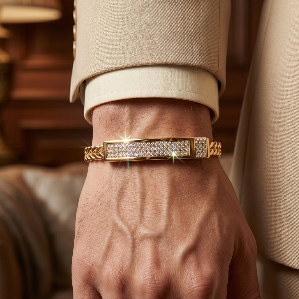 Gold Double Franco Chain Pave Bar Bracelet â€” 18K Gold Vermeil