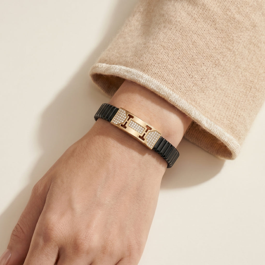 Gold H-Frame Pave Ceramic Bracelet â€” 18K Gold Vermeil
