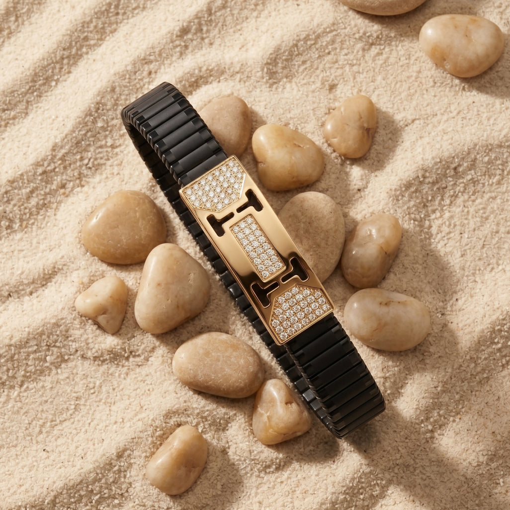 Gold H-Frame Pave Ceramic Bracelet â€” 18K Gold Vermeil