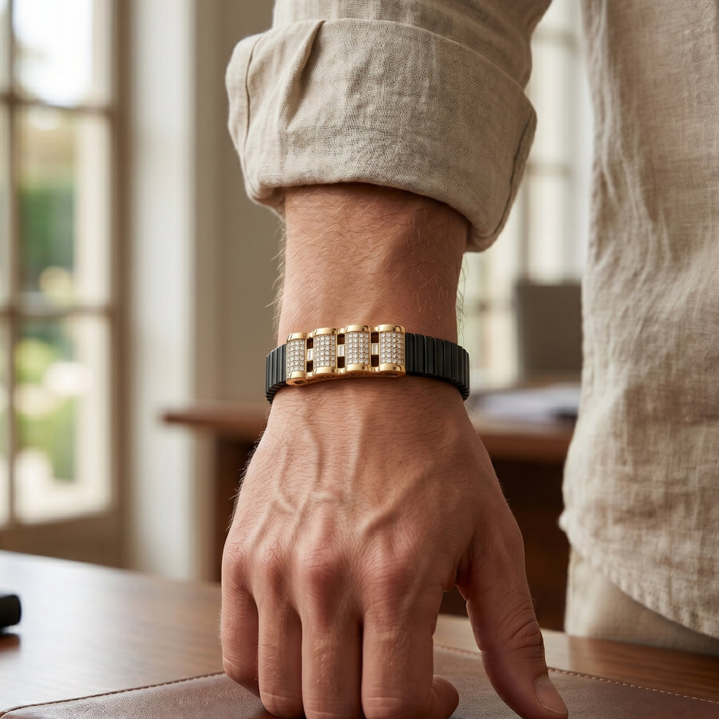 Gold Stacked Pave Bars Ceramic Bracelet â€” 18K Gold Vermeil