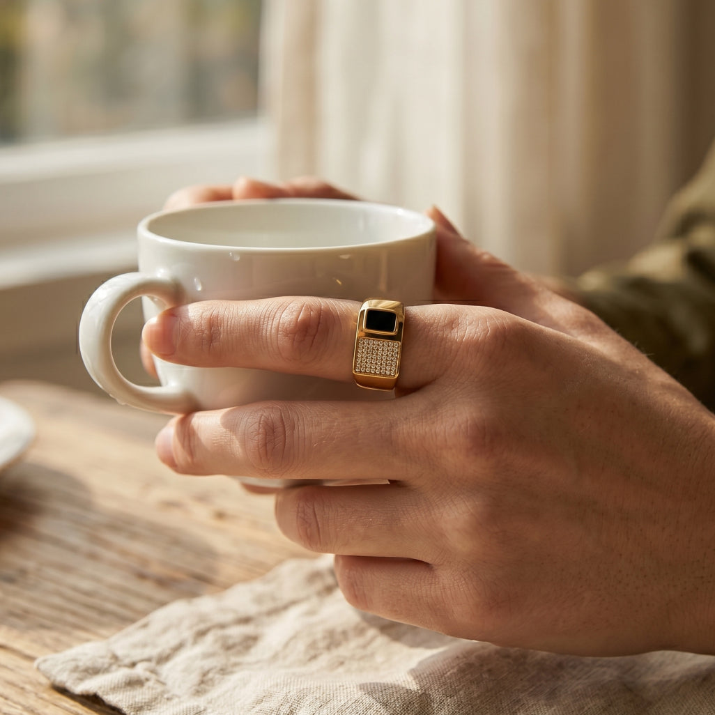 Black Onyx Split Pave Signet Ring 18k gold vermeil