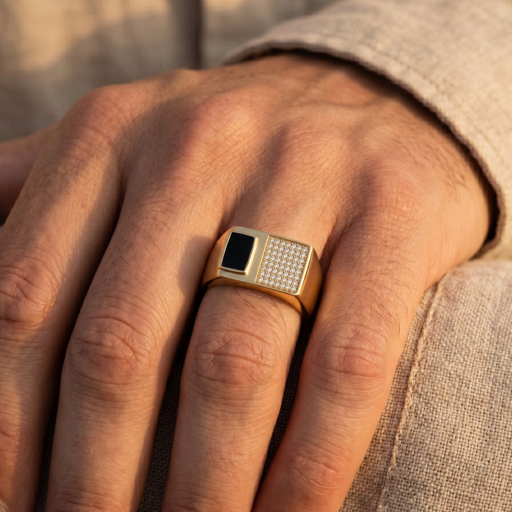 Black Onyx Split Pave Signet Ring 18k gold vermeil