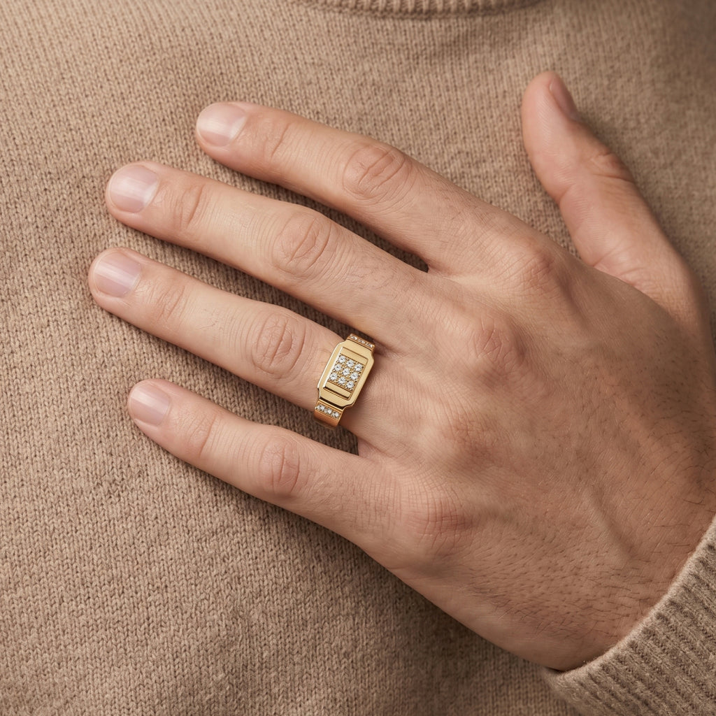 Raised Pave Square Shoulder Signet Ring 18k gold vermeil