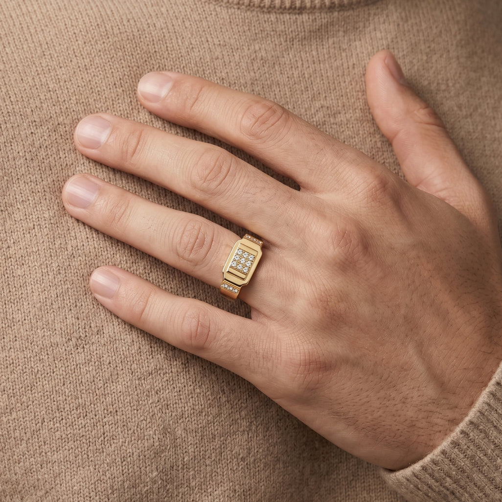 Raised Pave Square Shoulder Signet Ring 18k gold vermeil
