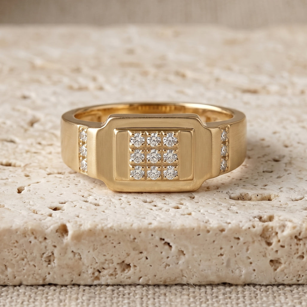 Raised Pave Square Shoulder Signet Ring 18k gold vermeil