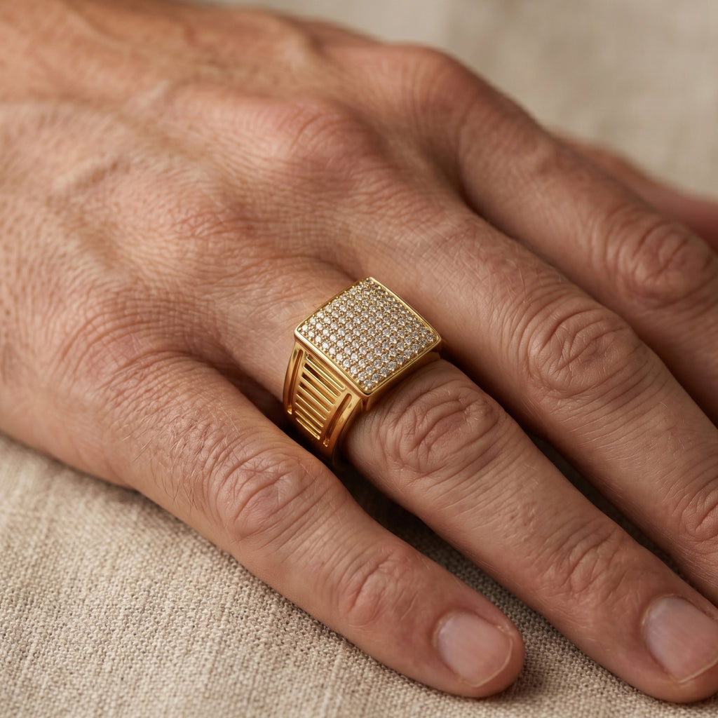 Full Pave Vertical Grille Signet Ring 18k gold vermeil