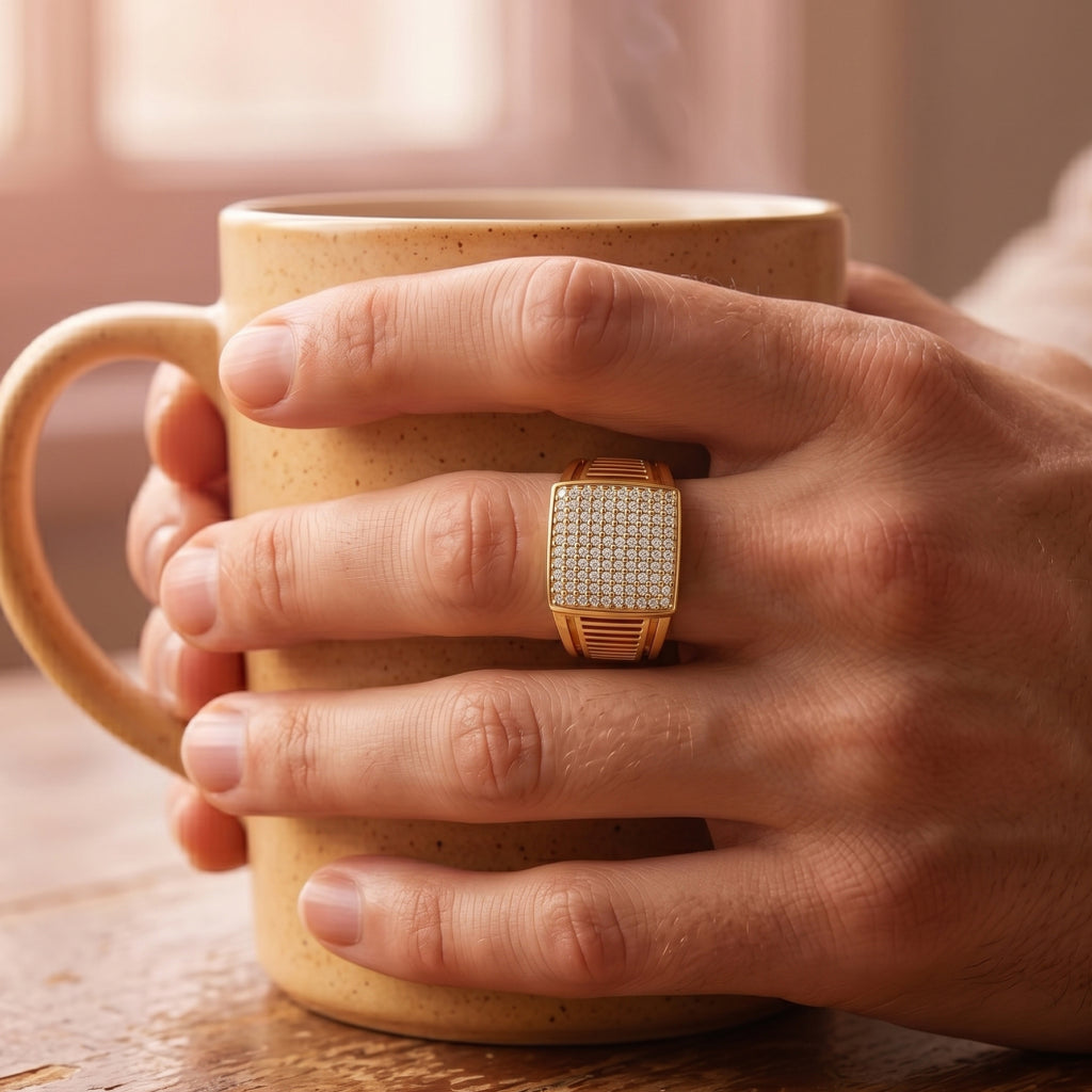 Full Pave Vertical Grille Signet Ring 18k gold vermeil