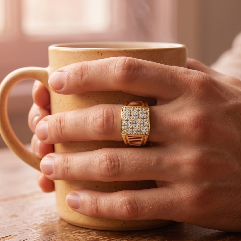 Full Pave Vertical Grille Signet Ring 18k gold vermeil