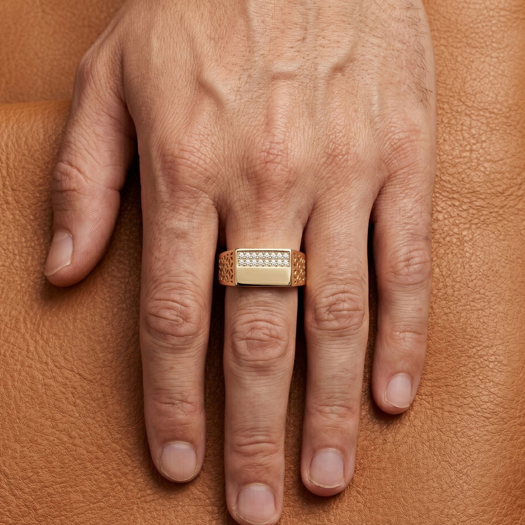 Honeycomb Lattice Pave Bar Signet Ring 18k gold vermeil
