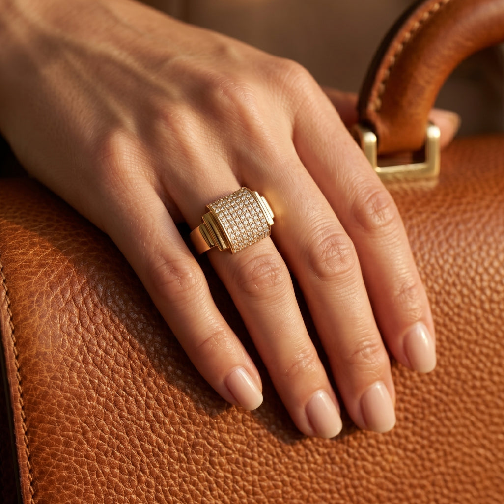 Full Pave Barrel Pillar Signet Ring 18k gold vermeil