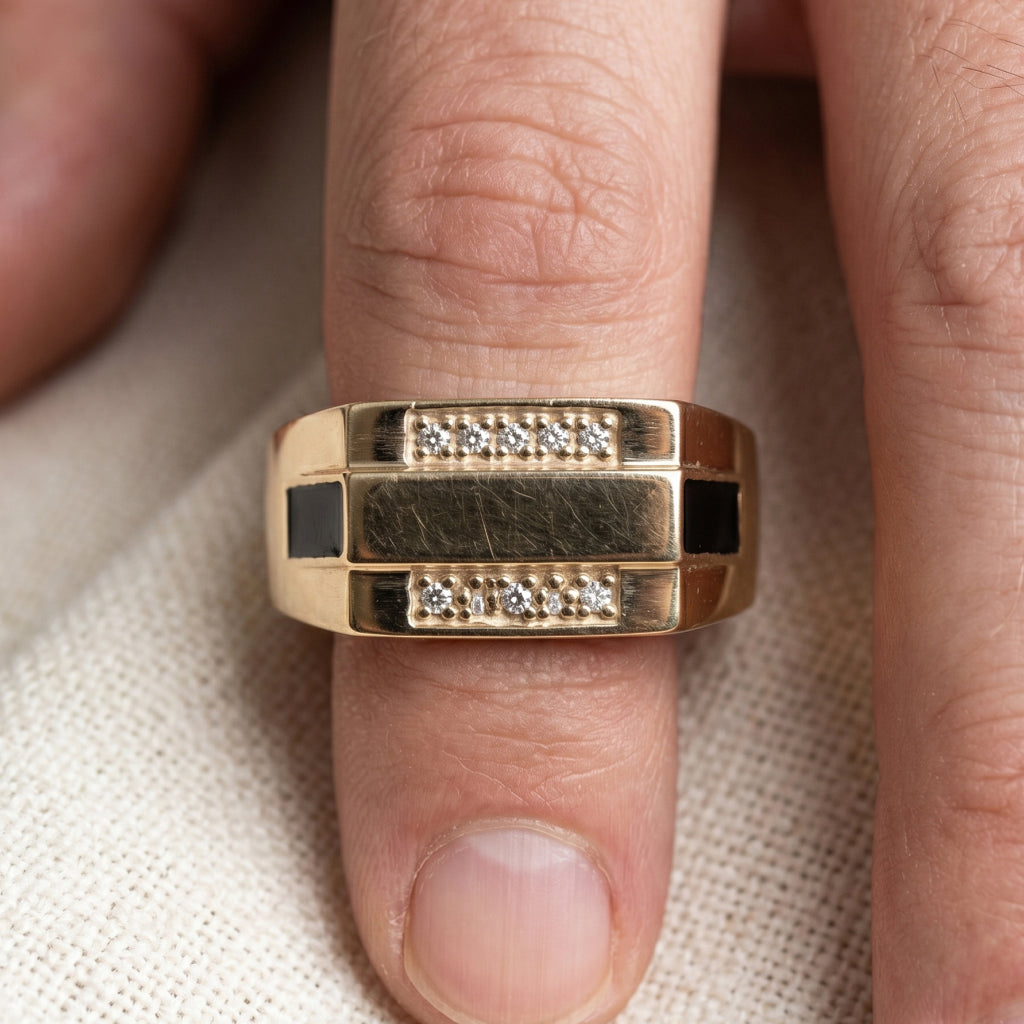 Black Enamel Dual Bar Signet Ring 18k gold vermeil