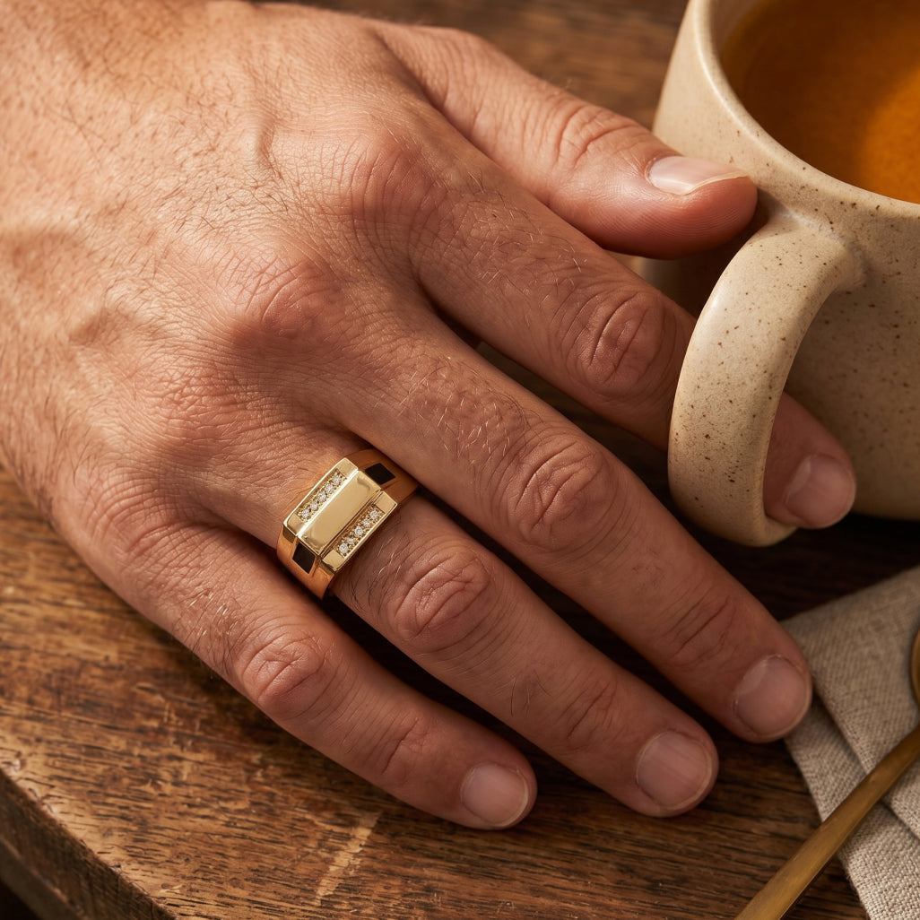 Black Enamel Dual Bar Signet Ring 18k gold vermeil
