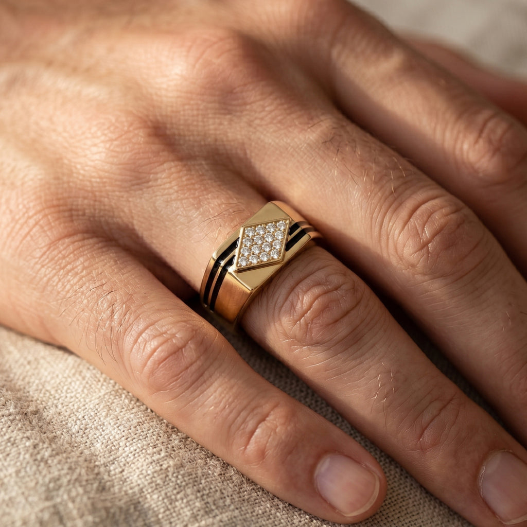 Black Enamel Twin Stripe Diamond Pave Ring 18k gold vermeil