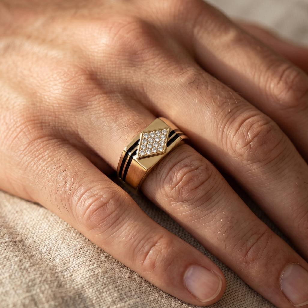 Black Enamel Twin Stripe Diamond Pave Ring 18k gold vermeil