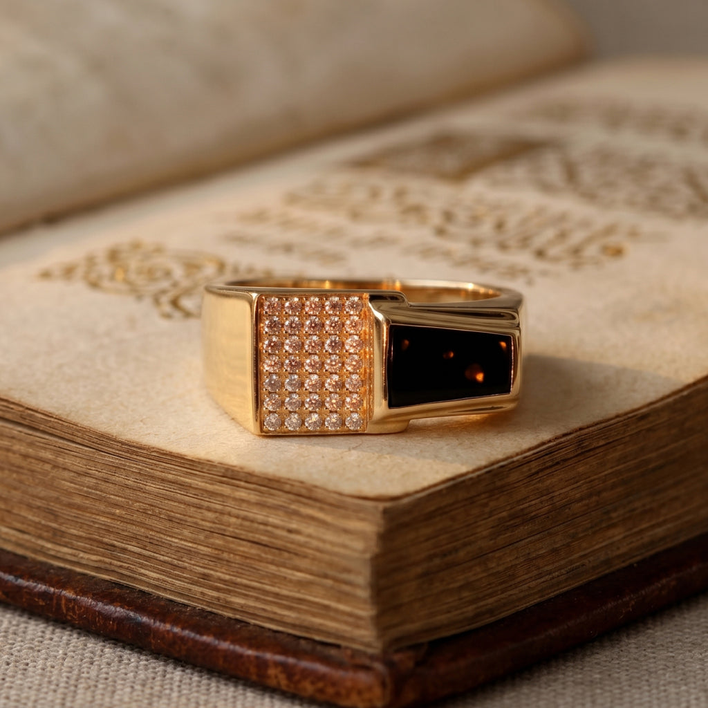 Split Pave Black Enamel Step Signet Ring 18k gold vermeil