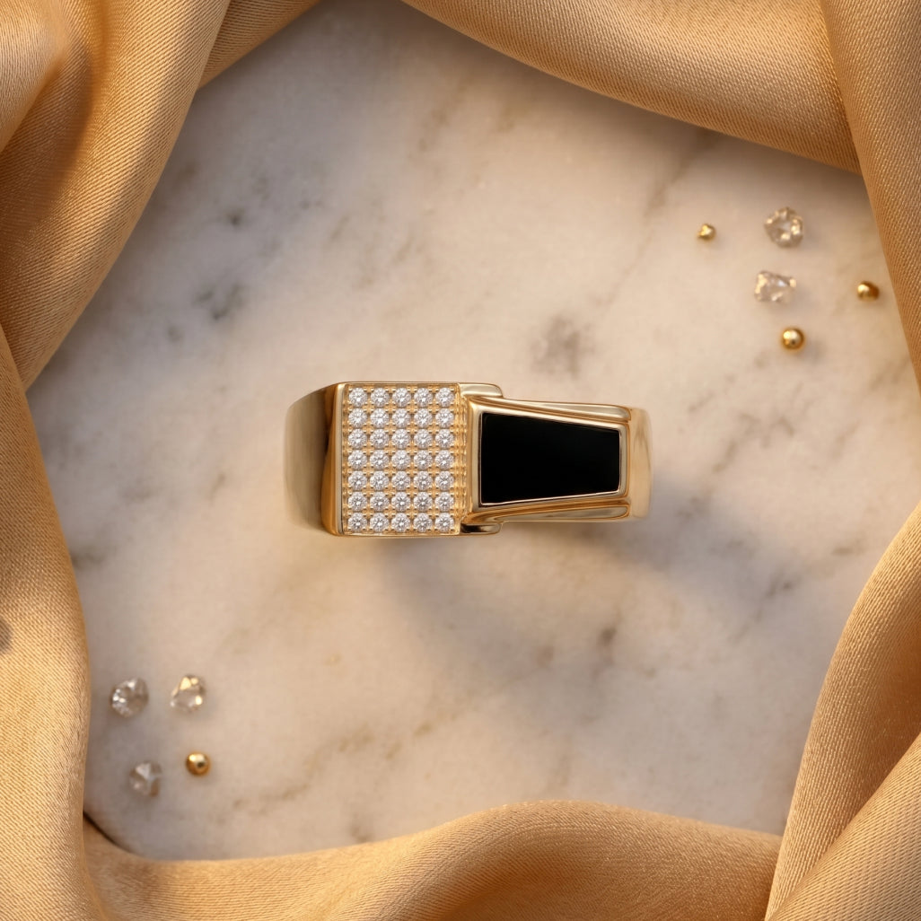 Split Pave Black Enamel Step Signet Ring 18k gold vermeil
