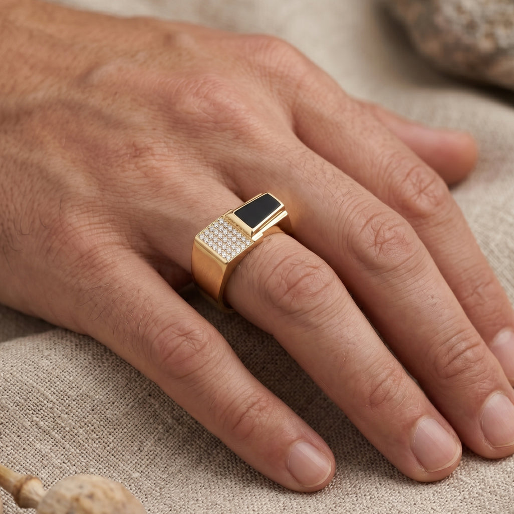 Split Pave Black Enamel Step Signet Ring 18k gold vermeil