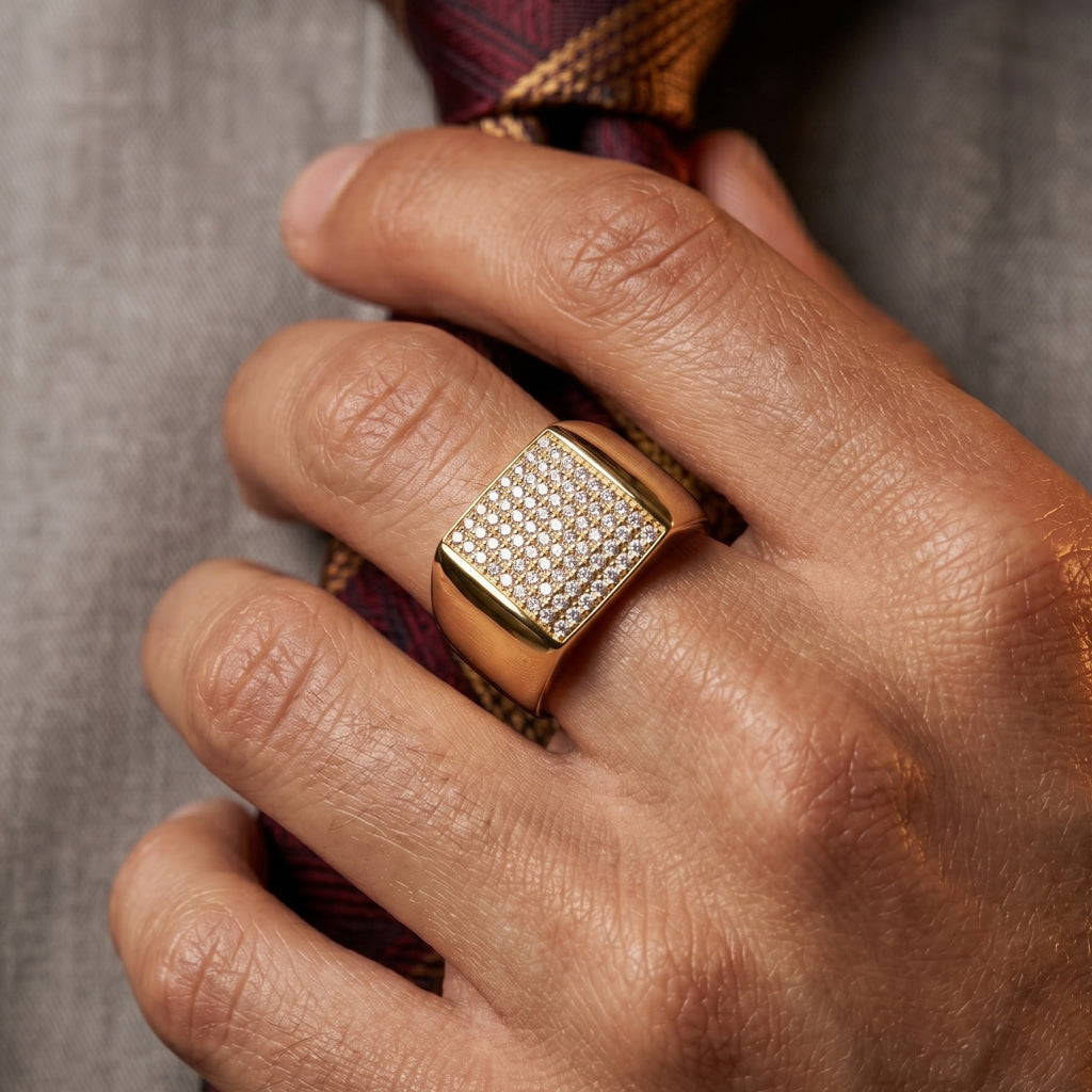 Full Pave Square Dome Signet Ring 18k gold vermeil